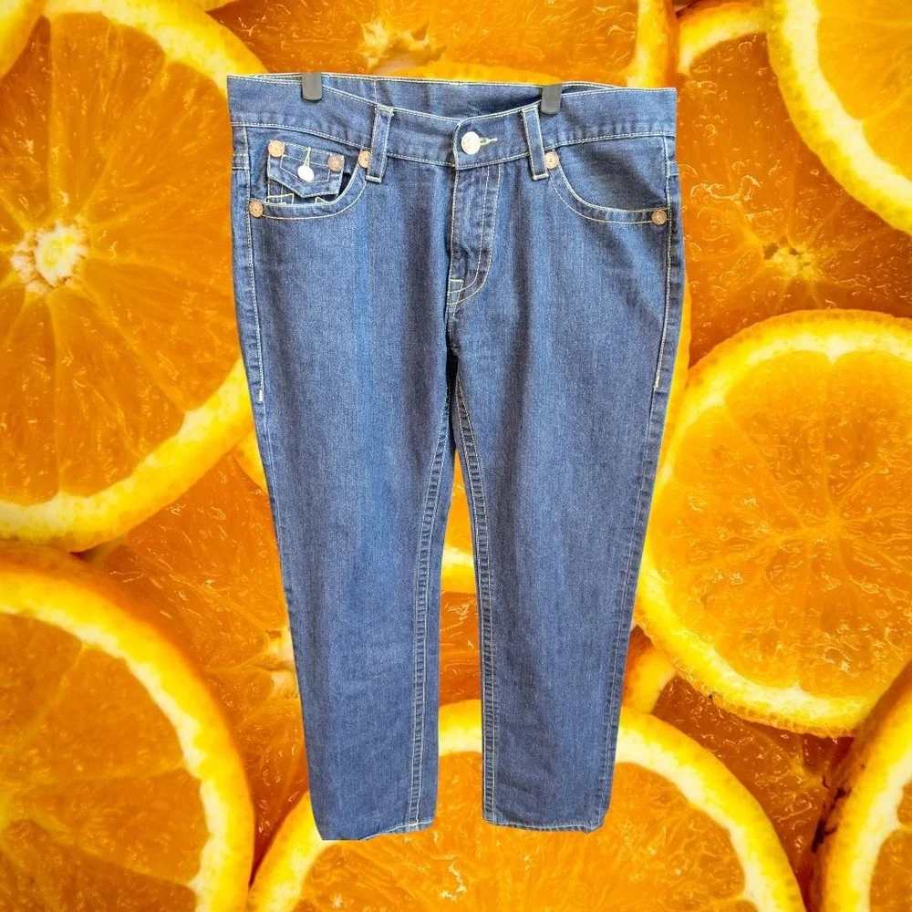 True Religion Billy Super T Mens Straight Leg Jeans Blue Yellow Stitch USA 36